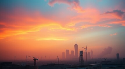 Fototapeta premium City Skyline at Sunset with Dramatic Sky and Towering Buildings