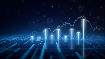 Futuristic financial visualization with glowing bar graphs and data trends in a digital environment