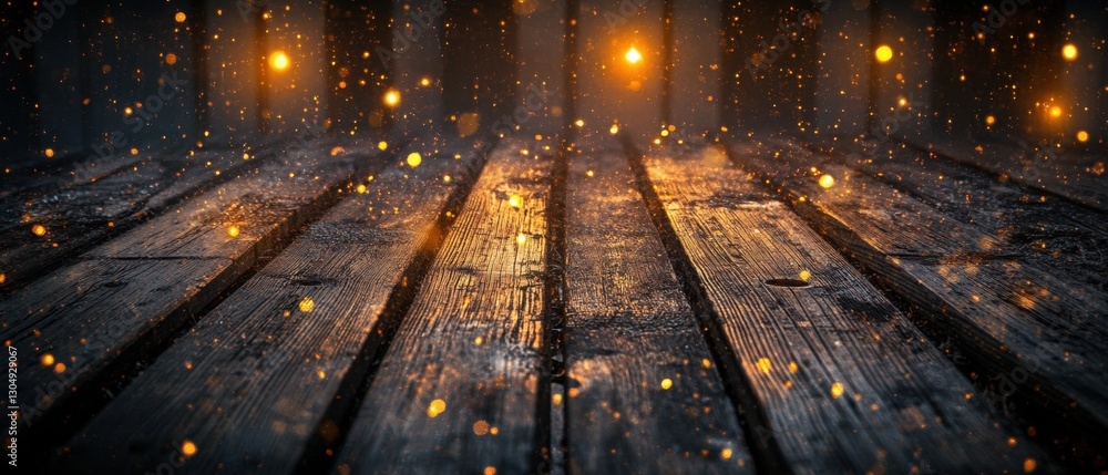 Poster enchanting wooden surface with glittering bokeh lights creating a magical and warm atmosphere for fe