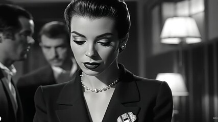 Elegant woman in vintage attire engaged in conversation with men in a dimly lit room