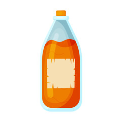 Magic orange potion in a glass bottle with a stopper in flat style isolated on white background. Vector illustration