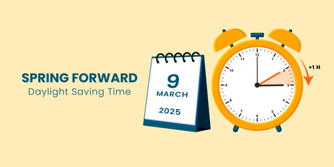 Daylight Saving Time Begins. The clock turns one hour on March 9, 2025. Spring forward concept banner. Vector illustration