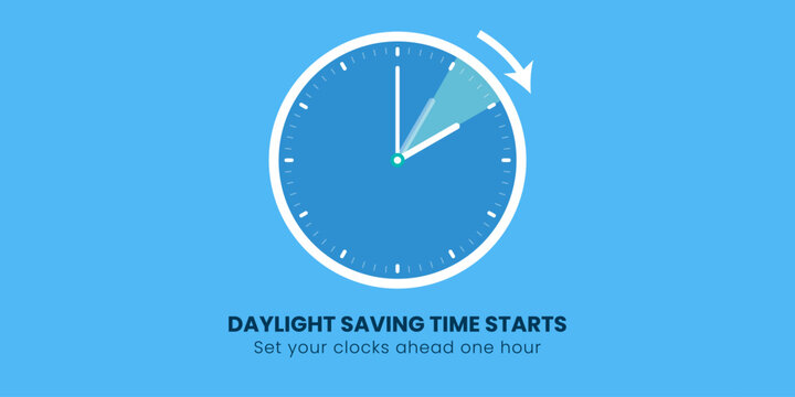 Daylight Saving Time Begins. Spring forward. Set clock ahead one hour. Vector illustration