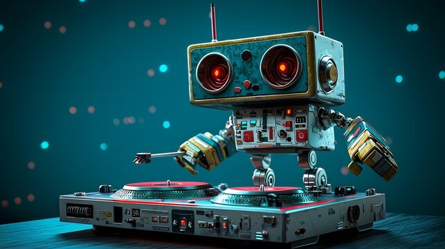Retro robot DJ mixing music on vintage turntables against a dark teal background with bokeh lights.  A fun, vibrant image perfect for music-related projects.