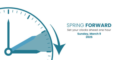 Daylight Saving Time Begins. The clock turns one hour on March 9, 2025. Spring forward concept banner. Vector illustration