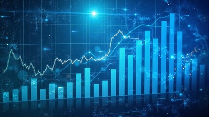 Digital graph displaying blue line graph with data points, bright blue background, and light effects, symbolizing financial growth, analysis and market trends. Modern visualization of financial data