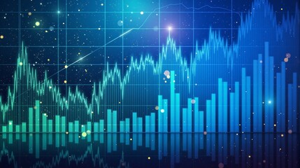 Dynamic financial chart with fluctuating graphs and glowing elements on blue background symbolizes market trends and business growth. Vibrant colors highlight data analysis and investment.
