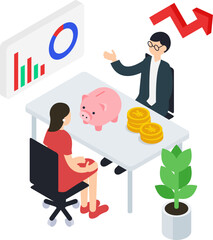 男性のファイナンシャルプランナーと相談する女性のアイソメトリックイラスト