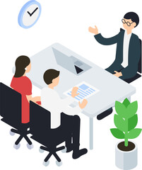 ビジネスにおける会議・相談をする人々のアイソメトリックイラスト