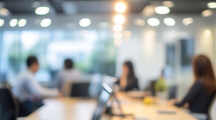 Fototapeta premium Modern Business Office with Blurred People in Casual Wear Meeting, Bokeh Background