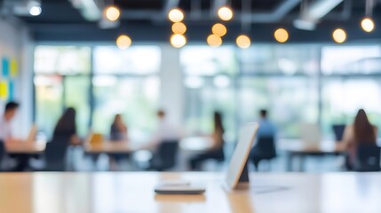 Modern Business Office with Blurred People in Casual Wear Meeting, Bokeh Background