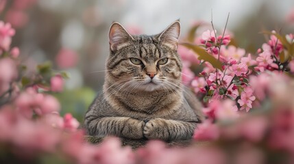 Cat Relaxing Amidst Beautiful Pink Blossoms in a Garden