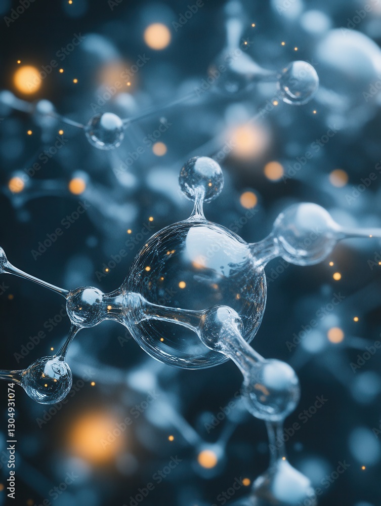 Poster molecular structure with transparent spheres and glowing particles against a dark background scienti
