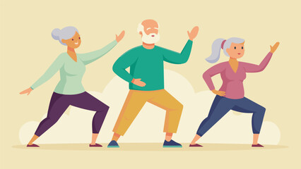 Obraz premium With determination and focus a group of older adults balance on one leg and strike their Tai Chi poses showing that age is not a limit to achieving strength and flexibility through. Vector