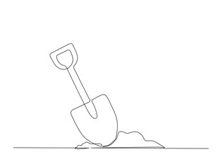 Continuous one line drawing of farmer shovel. Garden shovel  in single line draw illustration. Editable stroke.