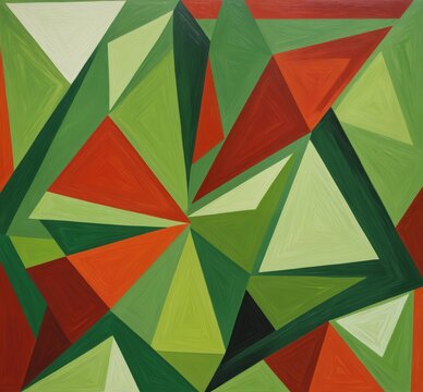This abstract art piece features a geometric pattern of triangles in various shades of green, orange, and red, arranged in a circular formation