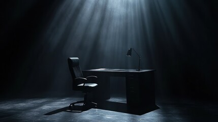 Fototapeta premium Empty office desk, spotlight, dark room, professional, interior scene, photography, digital illustration