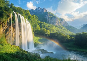 Fototapeta premium Majestic Waterfall Cascading Over Rocks Surrounded by Lush Greenery and Mountains Under a Bright Blue Sky with a Rainbow in the Background