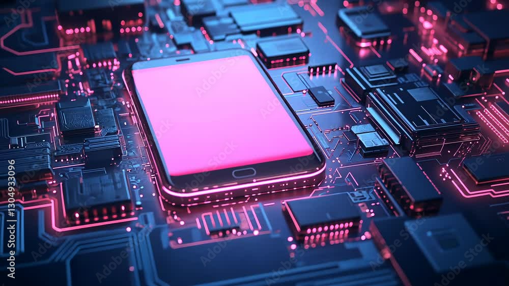 Poster smartphone on technology background. neon glowing mobile phone on abstract dark background. futurist
