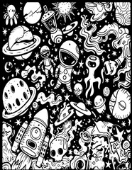 Fototapeta premium space, astronaut, planet, spacecraft, meteorite, coloring page, pattern, seamless, vector, flower, floral, design, wallpaper, art, illustration, decoration, ornament, bird, texture, doodle, style, dra