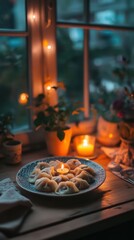 Fototapeta premium Delicious Dumplings Illuminated By Candlelight Near Window