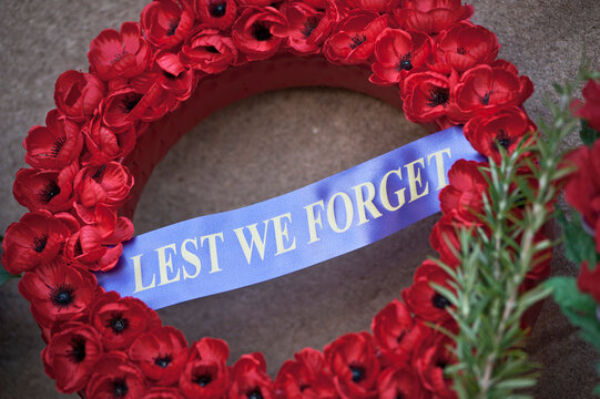 Lest We Forget sash on a wreath
