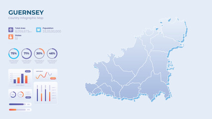 Fototapeta premium Infographic Map of Guernsey. Total Area, Papulation, States & More Detailed Infographic Map of Guernsey. Vector Illustration