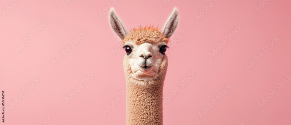 Poster charming llama portrait on pink backdrop capturing its fluffy texture and gentle expression in a stu