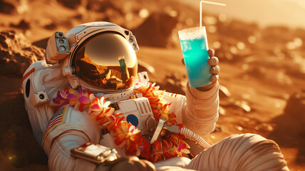 This astronaut relaxes on a distant planet, sipping a drink amid Martian landscapes.
