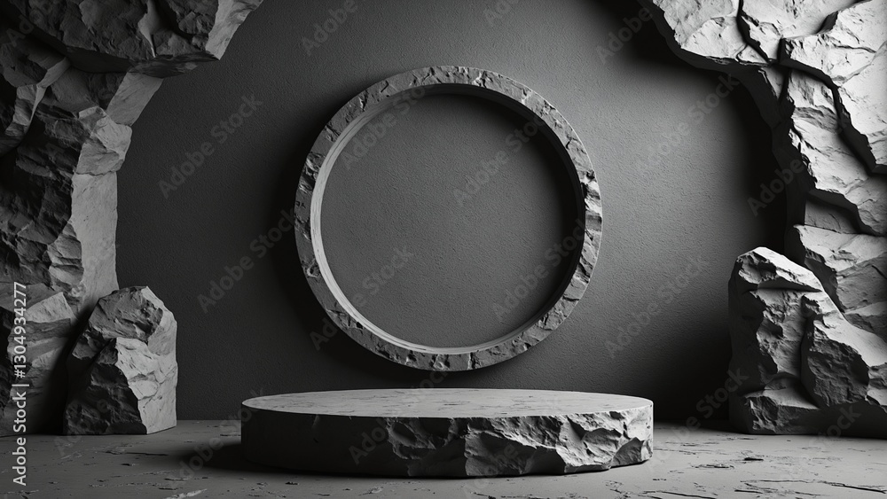 Poster black geometric stone and rock shape background, minimalist mockup for podium display or showcase, 3