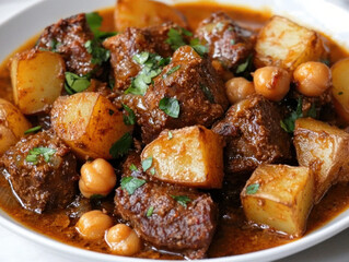 hearty stew with chickpeas, meat cubes, and potato pieces garnished with herbs