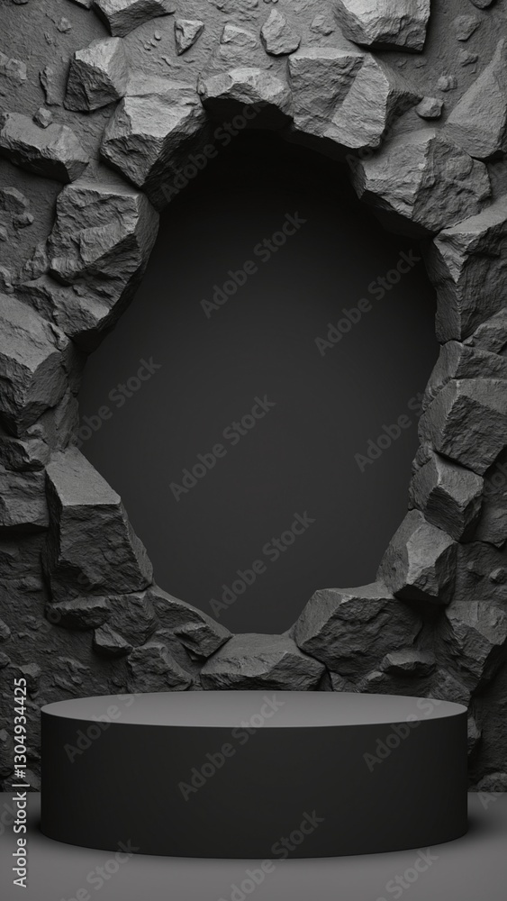 Poster black geometric stone and rock shape background, minimalist mockup for podium display or showcase, 3
