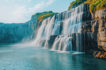 Fototapeta premium Majestic Waterfall Cascading Over Rocky Cliffs Into Crystal Clear Lake Under Bright Blue Sky and Soft White Clouds in a Serene Natural Landscape