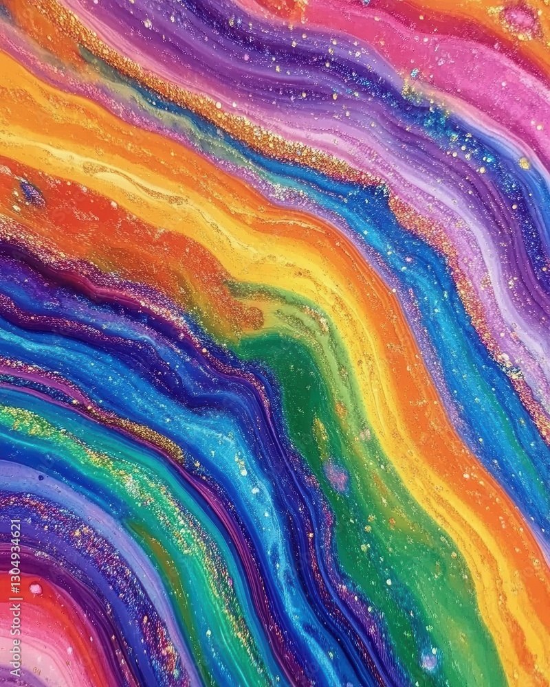 Poster vibrant rainbow wave abstract background with gold glitter accents creating a mesmerizing fluid art 