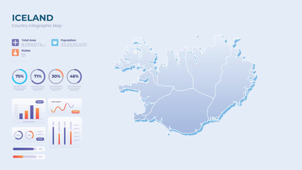 Obraz premium Infographic Map of Iceland. Total Area, Papulation, States & More Detailed Infographic Map of Iceland. Vector Illustration