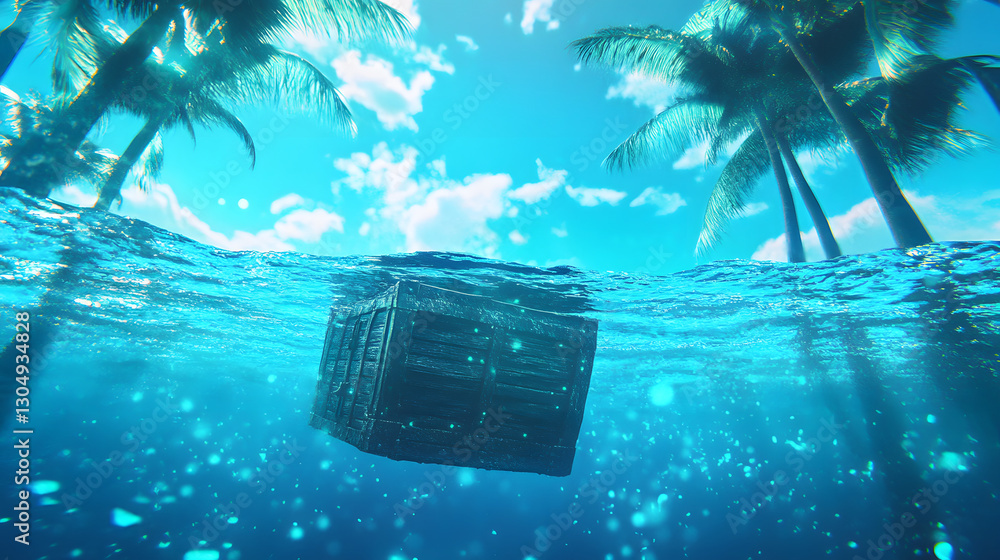 Poster A submerged crate floats in clear blue water, surrounded by palm trees and bright skies, creating a serene tropical scene