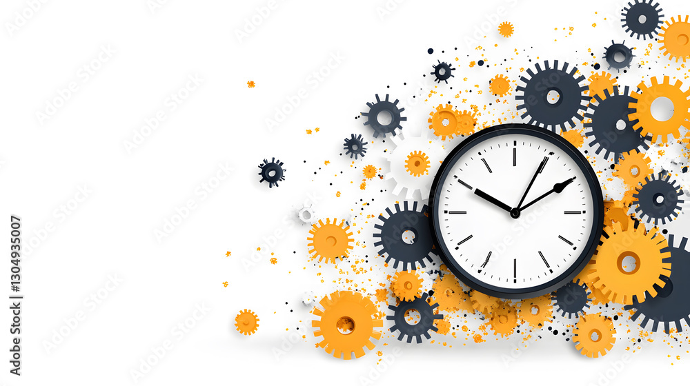 Poster A clock surrounded by colorful gears symbolizes the concept of time and mechanics, highlighting their intricate relationship