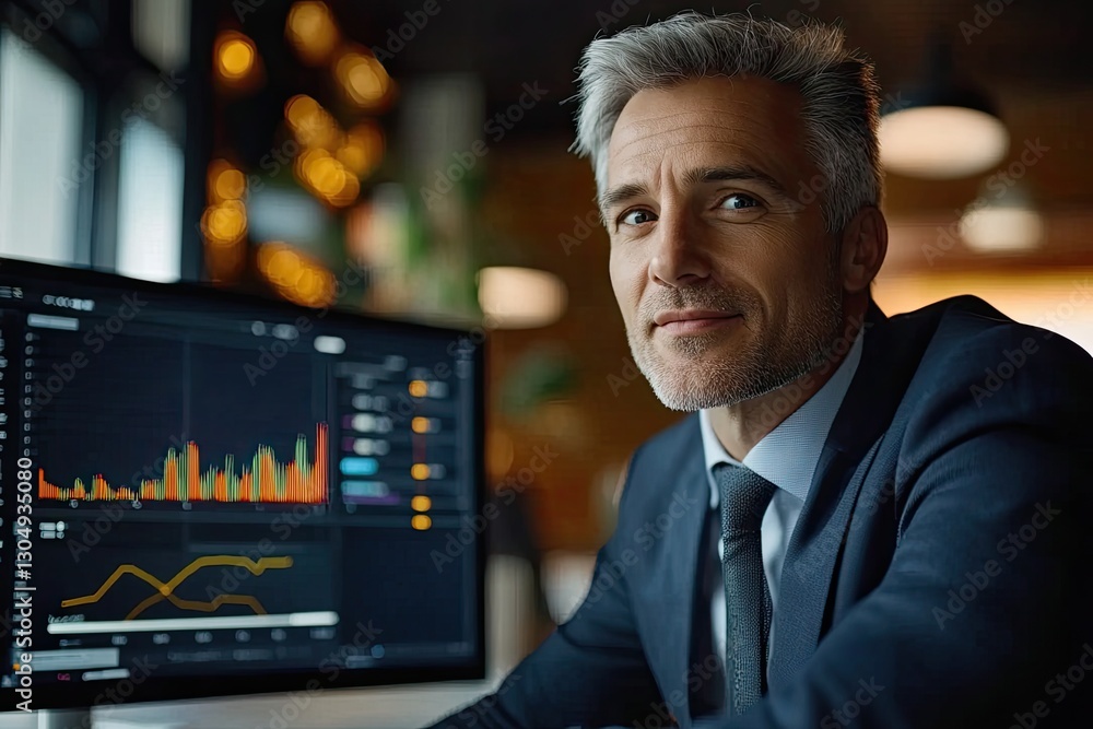 Poster a confident businessman sits beside a monitor displaying colorful graphs, reflecting data analysis a