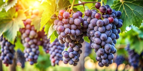 Sun-drenched bunches of ripe dark grapes hanging from a vine, bathed in warm golden light, showcasing the vibrant colors of autumn harvest