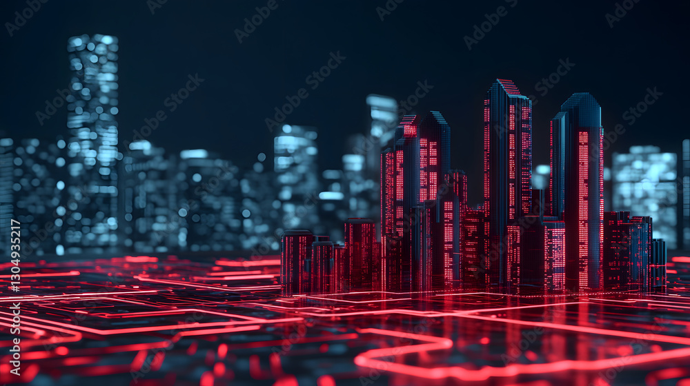 Poster a futuristic cityscape with glowing red lines and translucent buildings, set against a dark backgrou