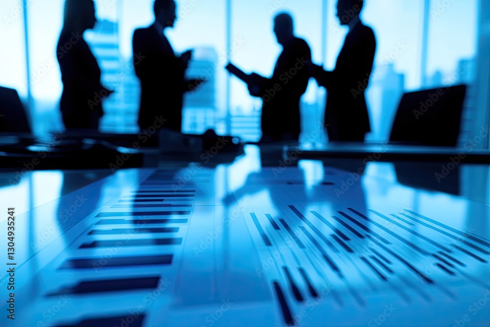Poster silhouettes of professionals in a conference room, discussing over a table with charts, creating a d