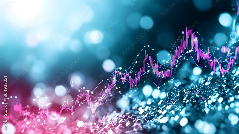 Poster A vibrant graphical representation of data trends featuring colorful, illuminated lines and sparkling elements against a blurred, light-filled backdrop