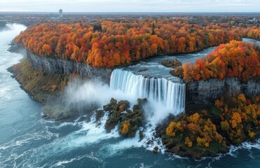 Majestic waterfall cascading over rocky cliffs surrounded by vibrant autumn foliage and serene river, showcasing nature's breathtaking beauty