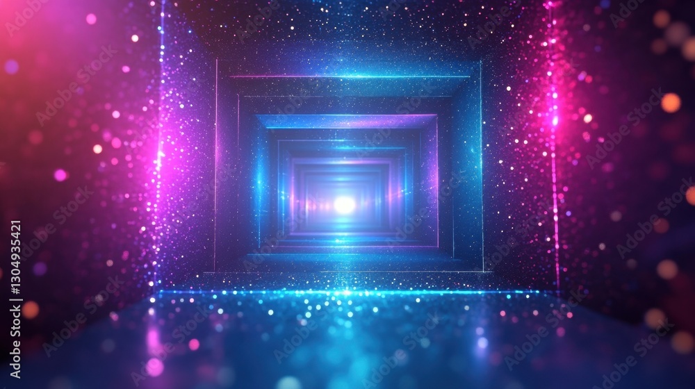 Poster ethereal portal of neon light and sparkling particles in a futuristic abstract space with geometric 