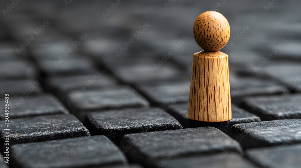 Poster a wooden pawn figure stands on a textured, dark surface, creating a striking visual contrast in this