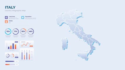 Naklejka premium Infographic Map of Italy. Total Area, Papulation, States & More Detailed Infographic Map of Italy. Vector Illustration