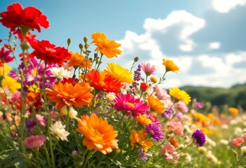 Obraz premium A field of colorful flowers under a blue sky with white clouds.