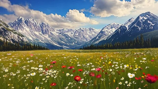 Breathtaking mountain scenery with wildflower meadows and cloudy skies