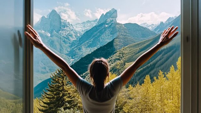 Young woman opening the window to a breathtaking mountain view, enjoying fresh air