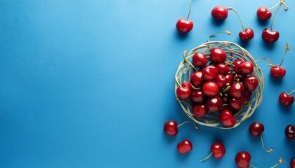 ripe juicy cherry on a bright background with space for text top view